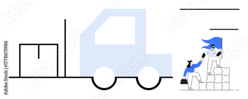 Delivery truck, packages, and two people stacking boxes, symbolizing teamwork, logistics, supply chain, efficiency, transportation and support in business operations. Ideal for service shipping