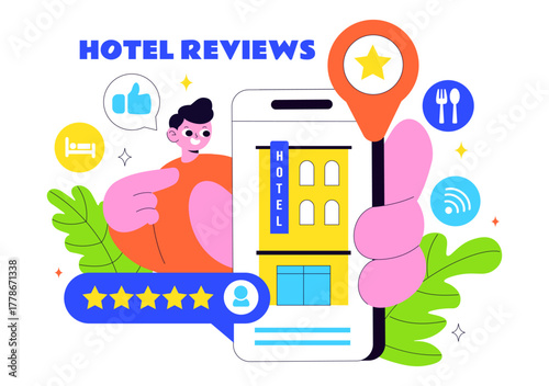 Hotel Reviews Vector Illustration Featuring Rating Services, User Satisfaction, and Customer Experiences in a Flat Style Cartoon Background