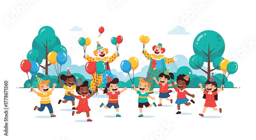 A group of diverse children and a clown playing with colorful balloons in a lively outdoor setting with trees and a clear sky.
