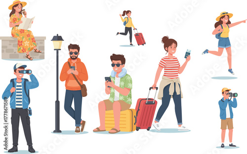 Happy tourists traveling and sightseeing illustration – people with luggage, maps, cameras, and passports on vacation adventure