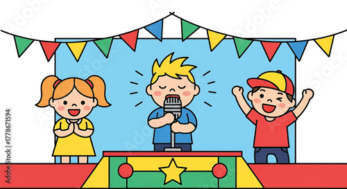 Illustration of three cartoon children on a colorful stage with a boy speaking into a microphone and two friends reacting with excitement.