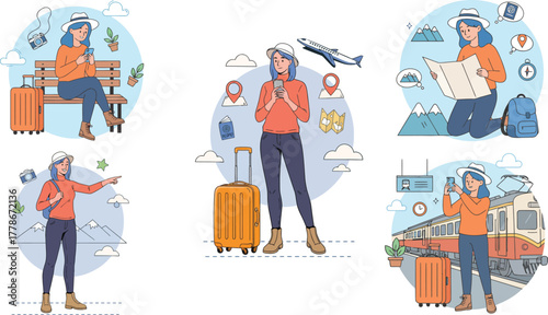 Female Traveler Exploring the World Vector Illustration Set – Tourist with Luggage, Map, and Camera at Airport and Train Station