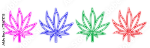 Four cannabis leaves in neon colors