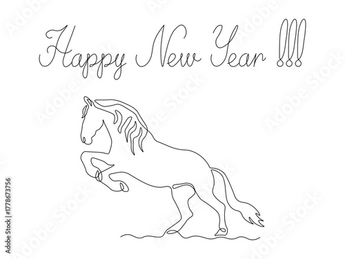 Greeting card with lettering Happy New Year and horse,  continuous single one line art hand drawing sketch, logo on white background