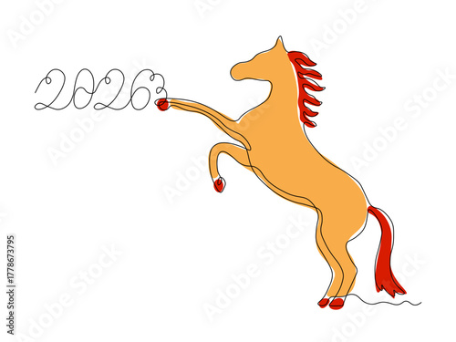 Greeting card with number 2026 and horse,  continuous single one line art hand drawing sketch, logo on white background