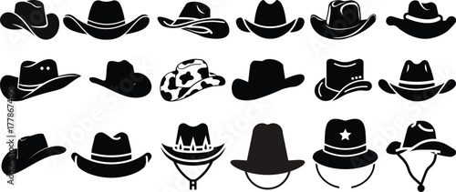 Cowboy hat icon set.west illustration sign collection.Uncle Hat Cut File, Daddy's Hat Stencil, Rodeo Vector, Howdy Clipart.Texas symbol or logo.Cowboy hat icon in silhouette style vector art illustrat
