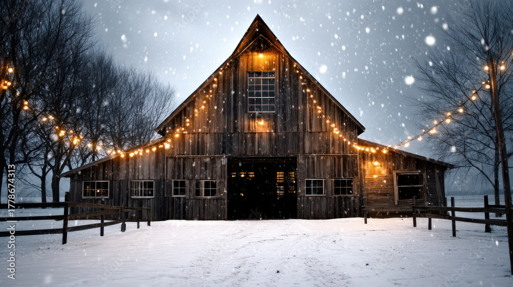 Fototapeta premium rustic barn decorated Christmas lights, snow gently falling, with space for text above. Merry Christmas and Happy Holidays greeting card, frame, and banner. New Year. Noel. Winter Christmas theme.