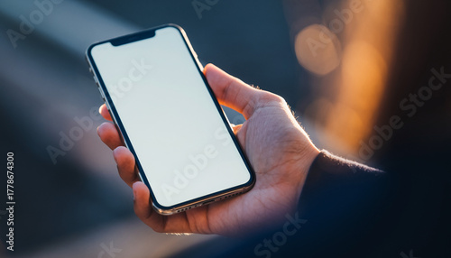 手に持ったスマートフォンの高画質画面モックアップ