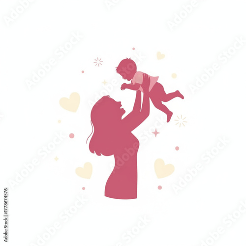 A beautiful silhouette illustration of a mother lifting her baby with love and joy, symbolizing warmth and affection.