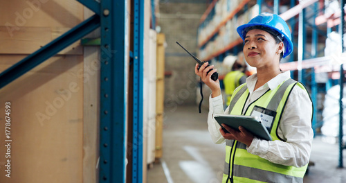 Tableau sur toile Happy woman, logistics and radio with tablet in warehouse for stock control or inventory in depot