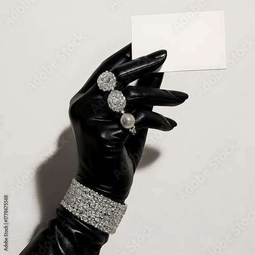 Elegant black gloved hand adorned with exquisite jewels holding a blank white card for your message, perfect for luxury branding and high fashion promotions