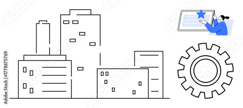 High-rise buildings surrounded by a gear and user interacting with a digital panel. Ideal for innovation, city development, technology, teamwork, productivity, planning, and management concepts in