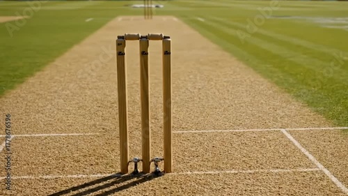 Sun-Drenched Cricket Pitch with Wooden Wickets Ready for Play, The Essence of Cricket: Wickets Stand Firm on a Well-Groomed Pitch