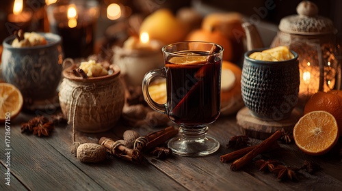 Fototapeta Naklejka Na Ścianę i Meble -  Warm spiced beverage served in clear glass surrounded by holiday spices and glowing light