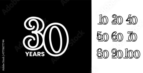 Simple and minimal birthday number logo. Anniversary symbol with line concept for celebration. 10, 20, 30, 40, 50, 60, 70, 80, 90, 100, years vector template collections