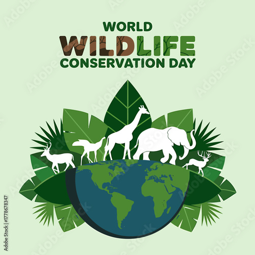 World wildlife conservation day illustration featuring diverse white animals on a globe surrounded by lush green leaves, emphasizing global protection