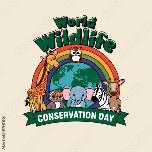 Cute cartoon animals like giraffes, elephants, zebras, and owls gather under a rainbow for world wildlife conservation day