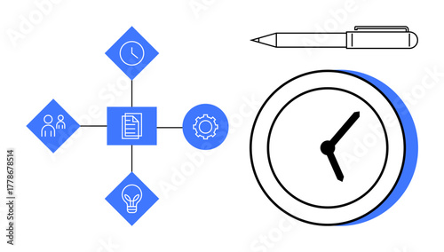 Process workflow diagram with clock, pen, gear, light bulb, and people icon. Ideal for productivity, time management, business planning teamwork strategy efficiency and creative planning. Simple