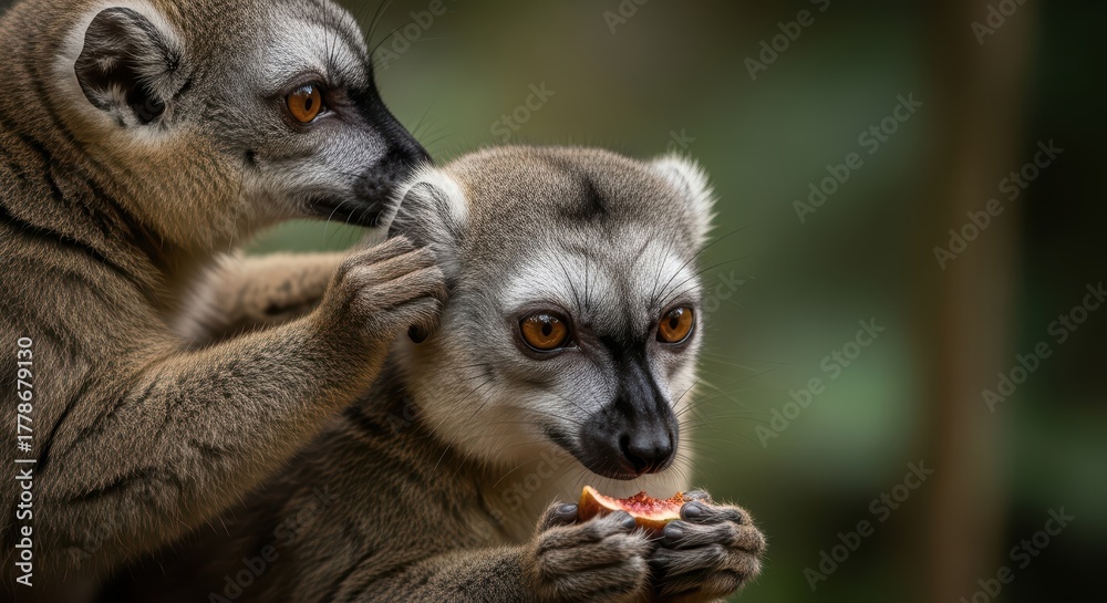 Naklejka premium Two lemurs interacting with curious expressions and eating fruit in natural habitat