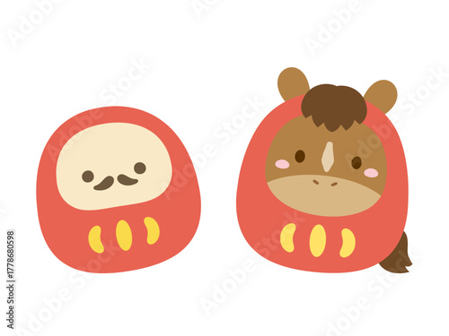 馬とダルマのイラスト、午年の年賀状素材