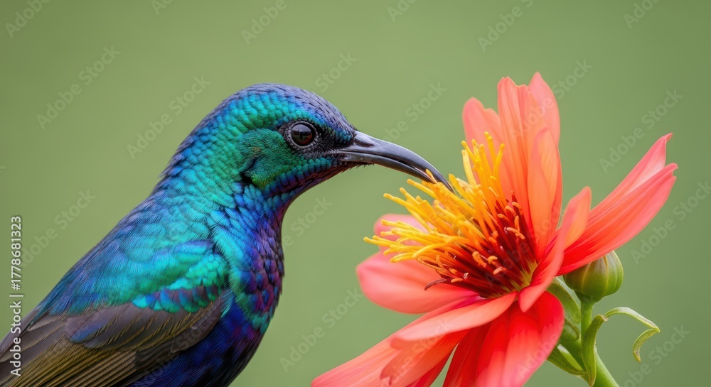 Fototapeta premium Colorful hummingbird feeding on vibrant orange flower in nature