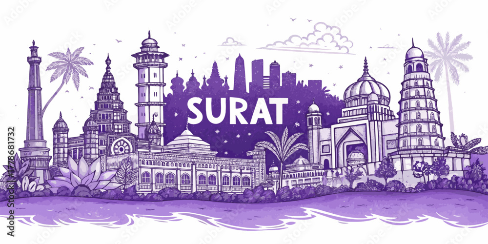 Ταπετσαρία Surat Skyline Sketch with Iconic Landmarks and Cultural Heritage for Tourism Pro