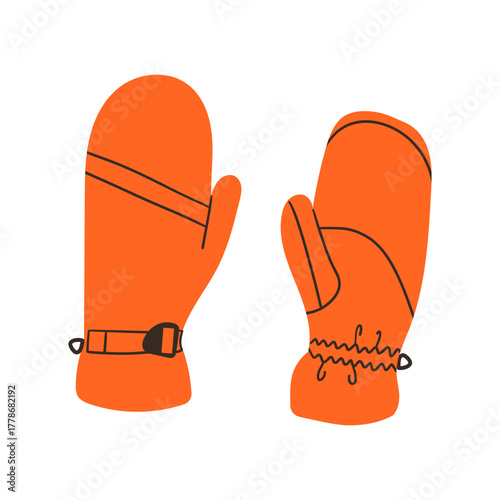 Orange mittens on white background. Hand drawn vector illustration for web , banner or social media . Winter mitten for ski or snowboard sport .