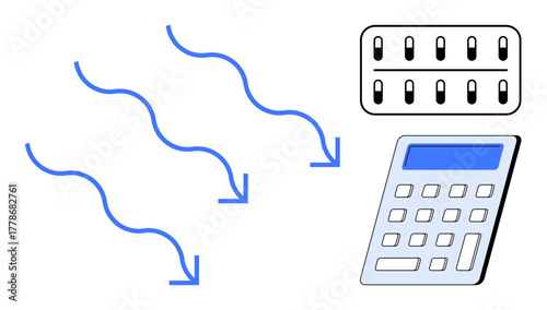 Blue arrows depict energy flow, paired with thermostat and calculator symbols. Ideal for thermodynamics, energy management, HVAC systems, energy conservation, calculations, cost analysis, clear