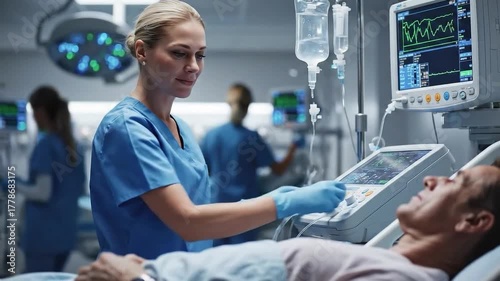 Healthcare worker monitoring patient on ICU bedside equipment in modern hospital ward showing vitals teamwork safety protocol and professional care​. Nurse checks vital signs beside a patient in icu