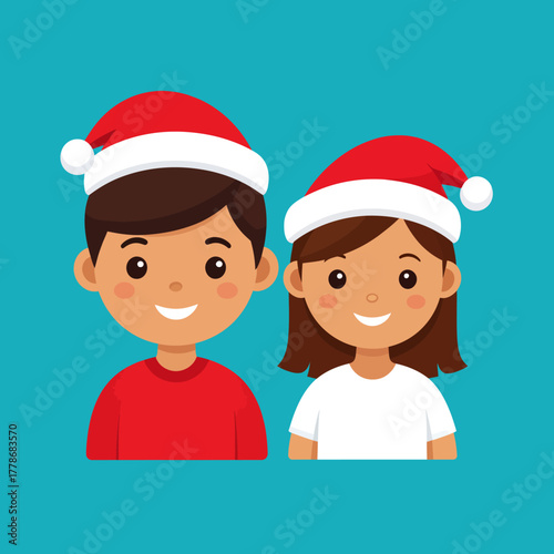 Two smiling children wearing Santa hats, celebrating the holiday season with joy and cheer.