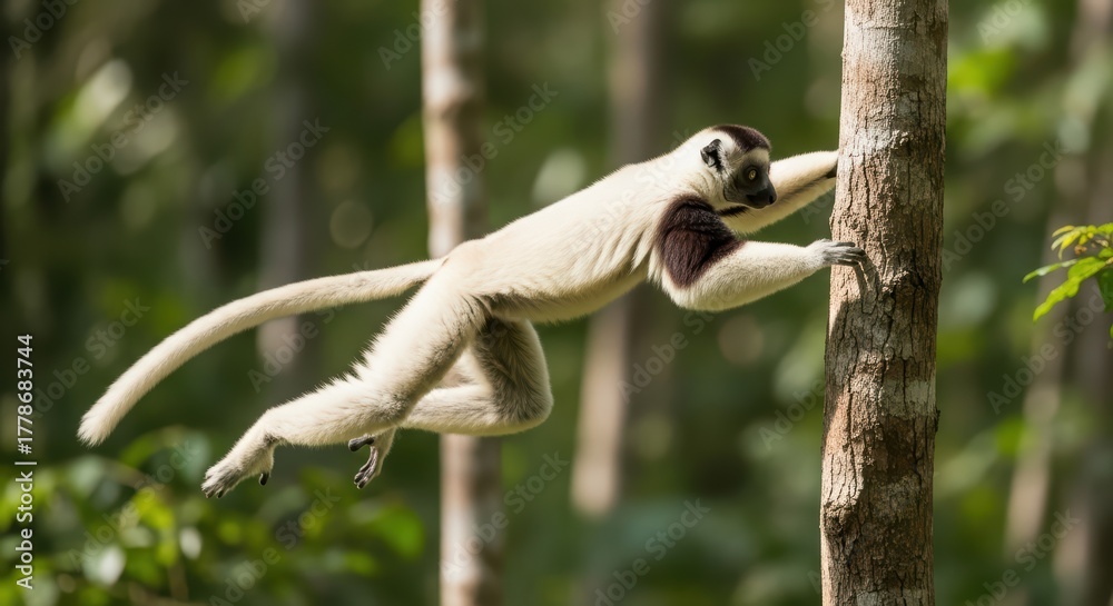 Obraz premium Sifaka lemur leaping in lush madagascar forest