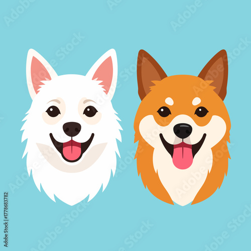 Two cartoon Shiba Inu dogs with happy expressions and open mouths, smiling.