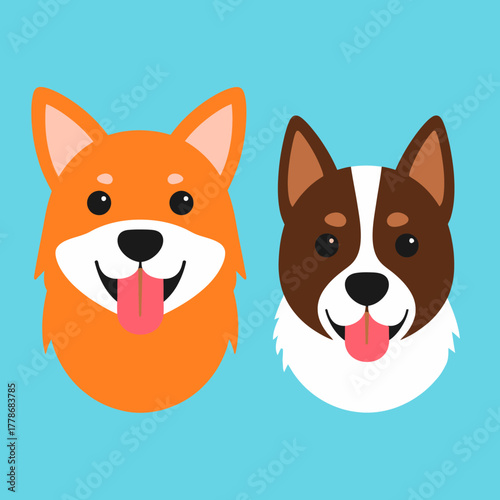 Two cartoon dog faces, one orange and one brown, smiling happily with tongues out.