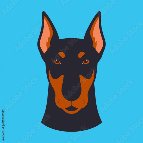 Stylized illustration of a Doberman Pinscher dog's head, facing forward with alert expression.