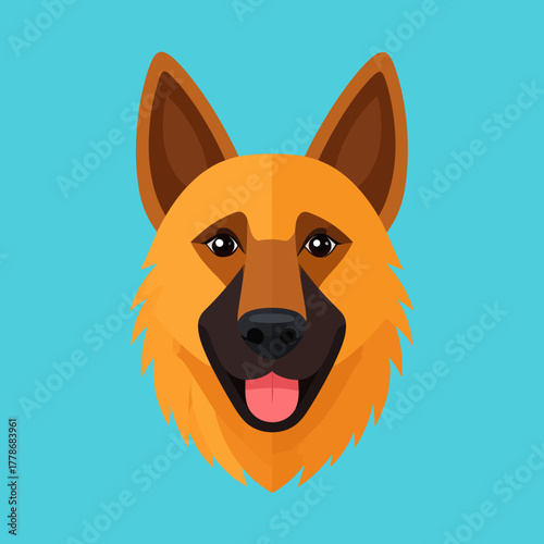 A stylized illustration of a German Shepherd dog's head, facing forward with a happy expression.