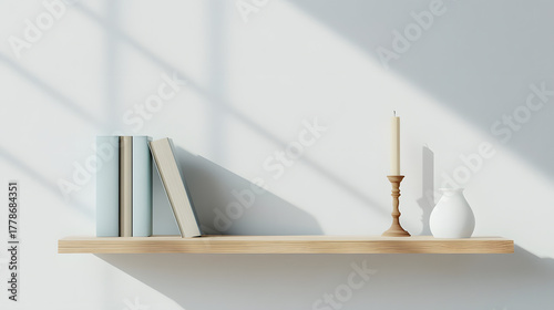 Minimalist wooden shelf with books, bowl, and candle against a neutral wall
