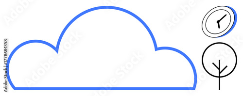Blue cloud outline with minimalistic clock and tree graphics. Ideal for themes thumbs up cloud storage, sustainability, renewable energy, digital transformation, time management, minimalism, simple