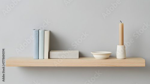 Minimalist wooden shelf with books, bowl, and candle against a neutral wall