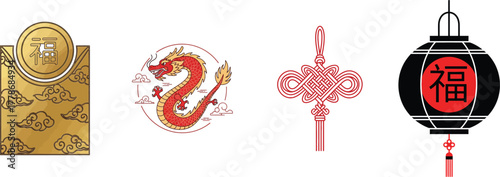 Traditional chinese new year decorations featuring dragon lanterns and gold