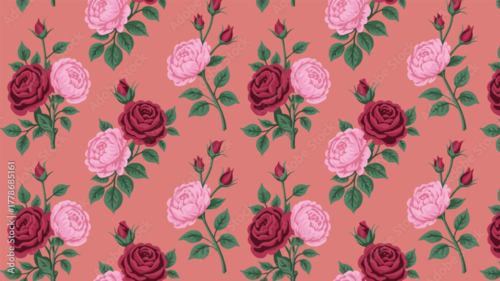 Fototapeta premium Seamless pattern of pink and red roses on a coral background