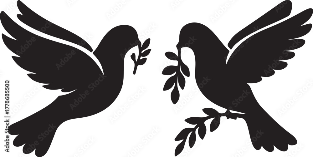Obraz premium Peace Doves with Olive Branches Silhouette