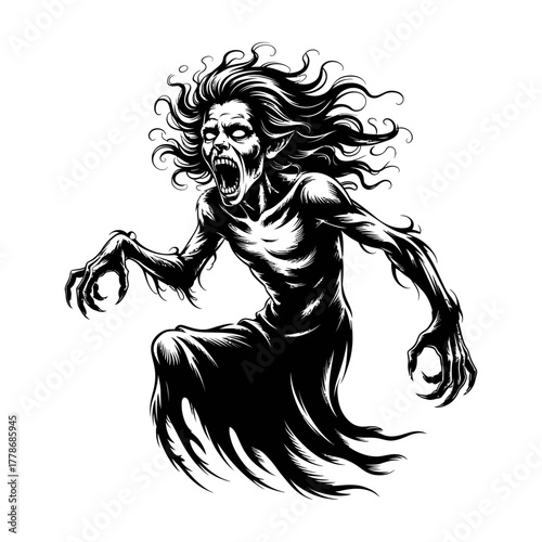black and white vector illustration of screaming ghostly  spirit with long hair and sharp claws
