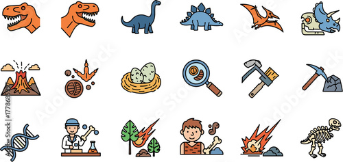 A colorful collection of dinosaur and paleontology themed vector icons on a white background.