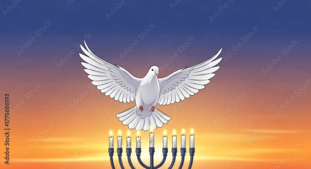 Fototapeta premium White dove flying above menorah with lit candles. Hanukkah spiritual concept with peace symbol. Jewish holiday celebration for greeting card.