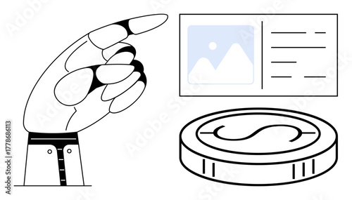 Robotic hand gestures towards digital card interface and coin. Ideal for fintech, innovation, AI, robotics, cryptocurrency, digital economy, automation. A simple flat metaphor