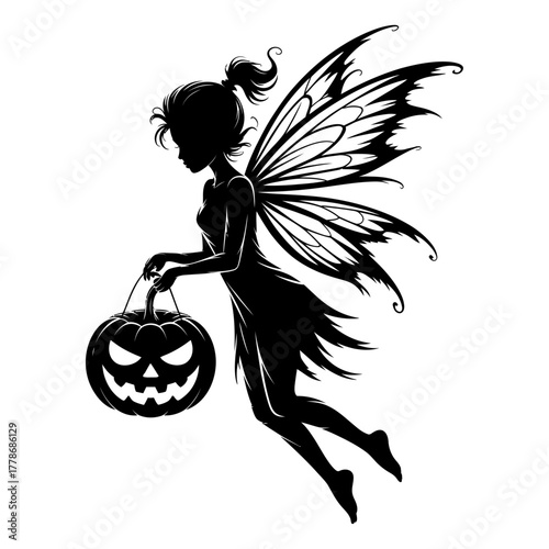 black and white silhouette vector of fairy holding halloween pumpkin lantern with wings fantasy design