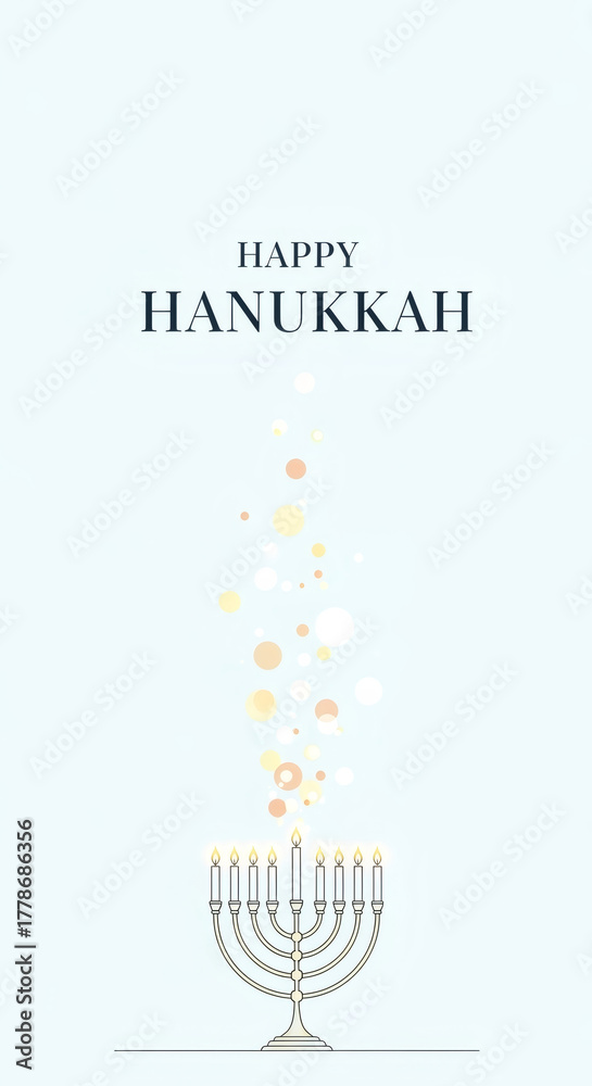 Fototapeta premium Happy Hanukkah greeting sign with menorah and golden lights. Jewish festival holiday celebration and traditional ritual concept for card.