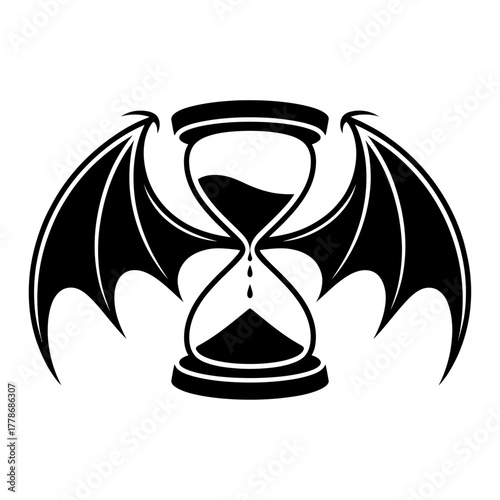 black and white silhouette vector of hourglass with bat wings symbolizing time death and darkness