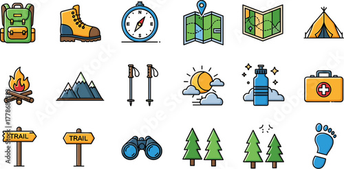 Colorful vector icon set for hiking camping and outdoor adventure activities.