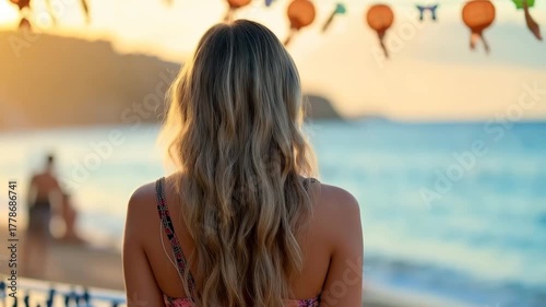 Video of beautiful young female dj wearing bikini and with playing set ready to start summer beach disco party.Slow motion.AI Generative.